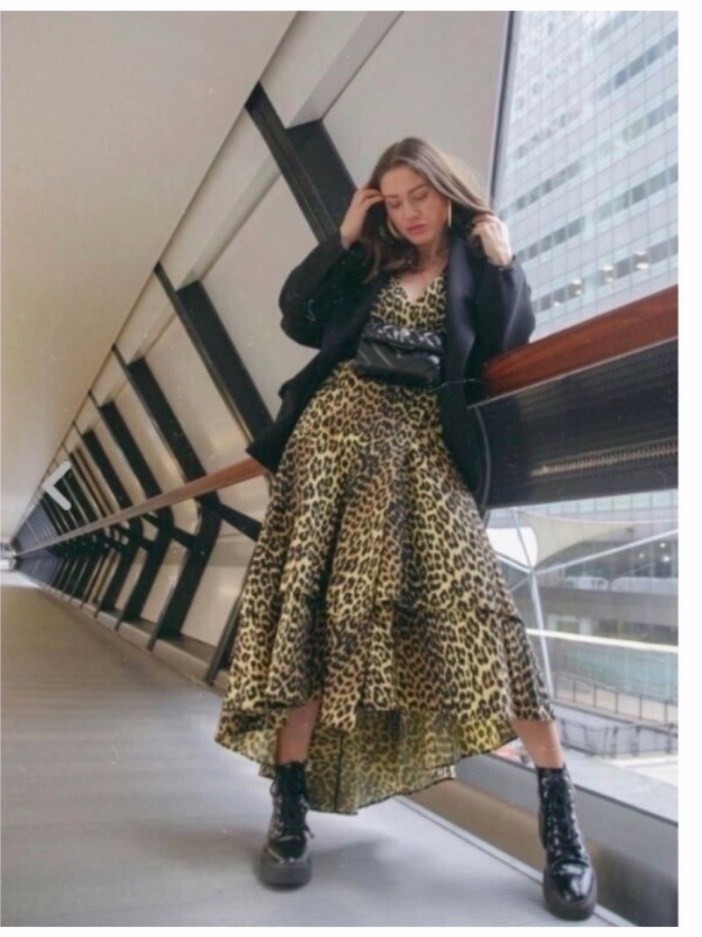 Ganni Yellow and Black Leopard Print High-Low Wrap Dress